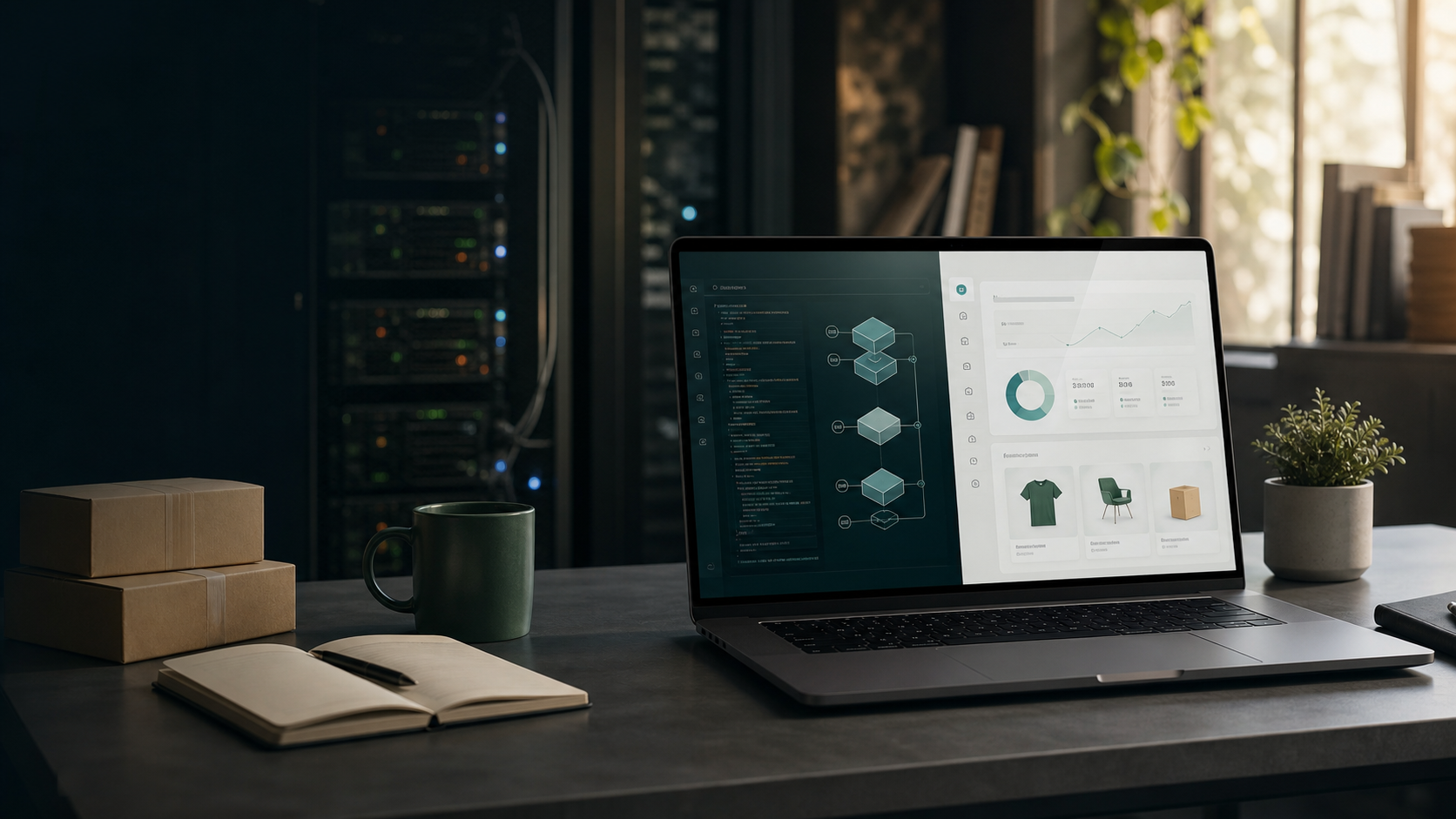 Ordinateur affichant un environnement e-commerce et une architecture technique